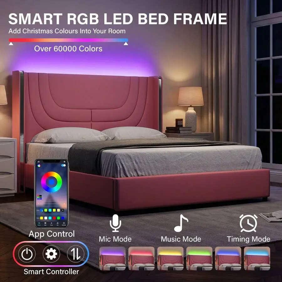 LED Upholstered Bed Frame With Wooden Headboard – Soft PU Leather & Platform Design, Easy Assembly, Perfect For Bedroom,  Twin Bed Frame/ Full Bed Frame/ Queen Bed Frame, Black/Pink/Beige (USB LED Strip)