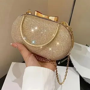 Oval Glitter Evening Clutch, Small Shoulder Bag with Elegant Bow Metal Handle, Detachable Chain Strap, Sparkly Party Purse for Special Occasions