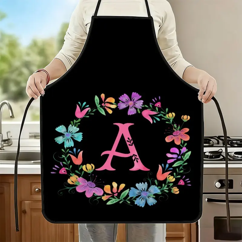Floral Letter A S M Printed Polyester Apron, Novelty Cooking Aprons, Summer Kitchen Cooking Apron with Unique Floral Nail Art Design, 1 Pack Women Apron, Mother's Day Gift for Mom, Kitchen Essential & Nail Tech Work Apron