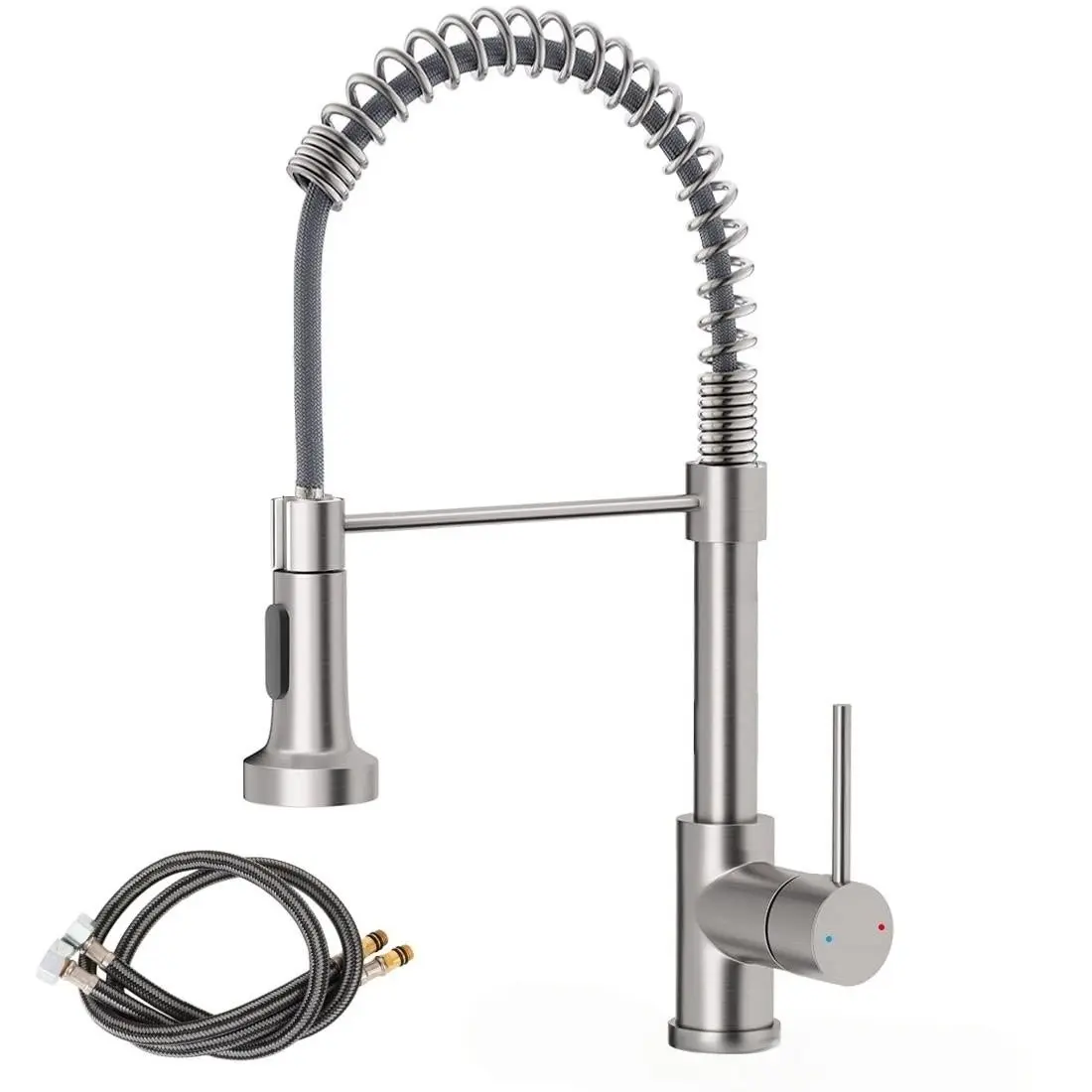 Commercial Kitchen Sink Faucet with 2 X 60cm Inlet Pipes, Pull-Out Spray Head, Stainless Steel, Dual Function Nozzle, Single Handle