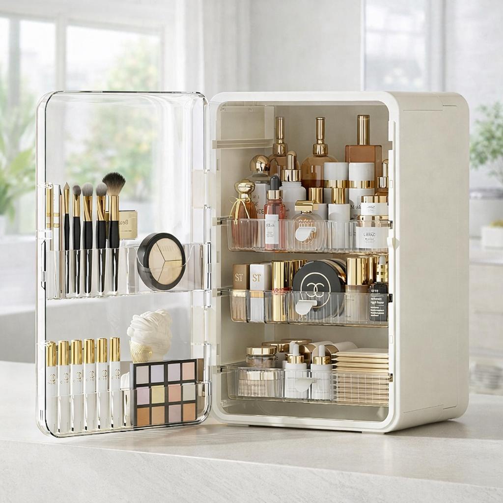 Large Capacity Makeup Organizer Box, Desktop Cosmetic Storage with Brush Holder, Multi-Compartment Makeup Tool Organizer for Bedroom, Bathroom & Vanity Large Capacity Makeup Organizer Box, Desktop Cosmetic Storage with Brush Holder, Multi-Compartment Makeup Tool Organizer for Bedroom, Bathroom & Vanity