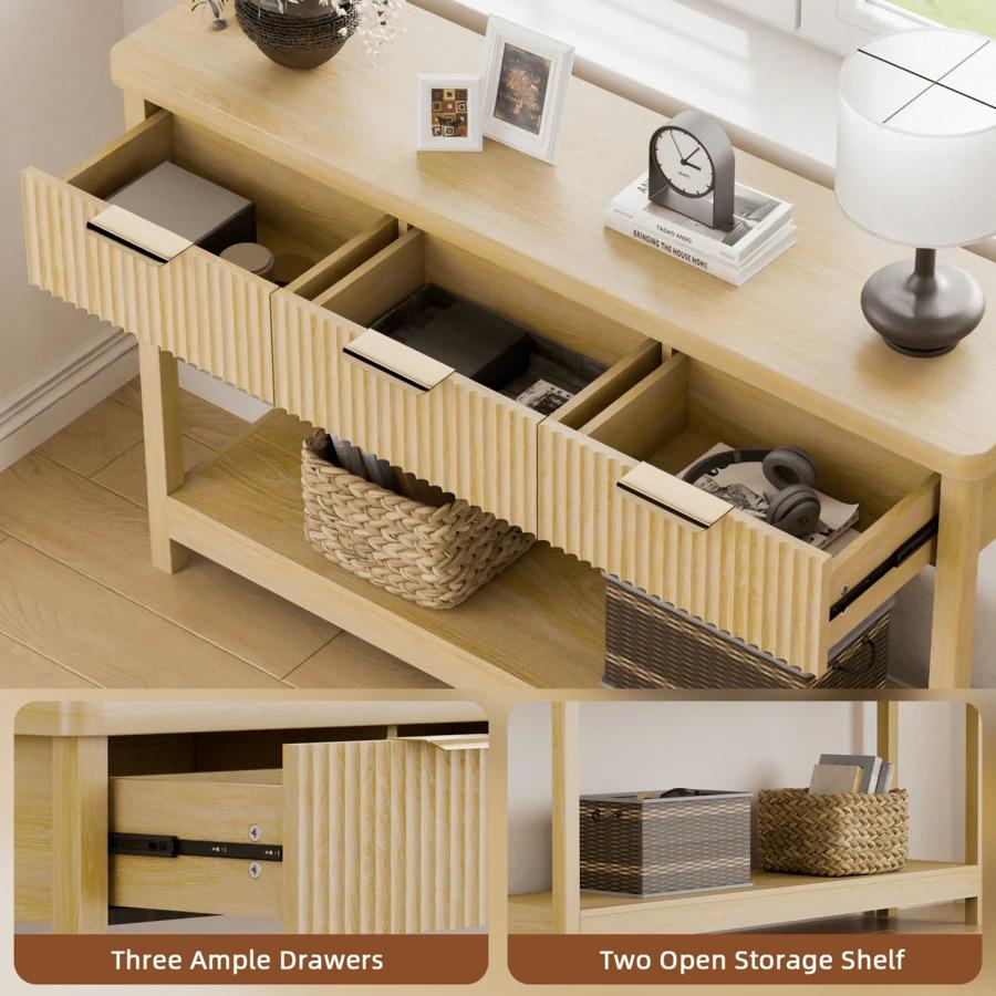 Furniture Fluted Console Table with Drawers, Modern 47.1" Entryway Table with Storage Shelf, Boho Narrow Skinny Behind Couch Wood Sofa Table for Living Room Hallway Entrance Foyer