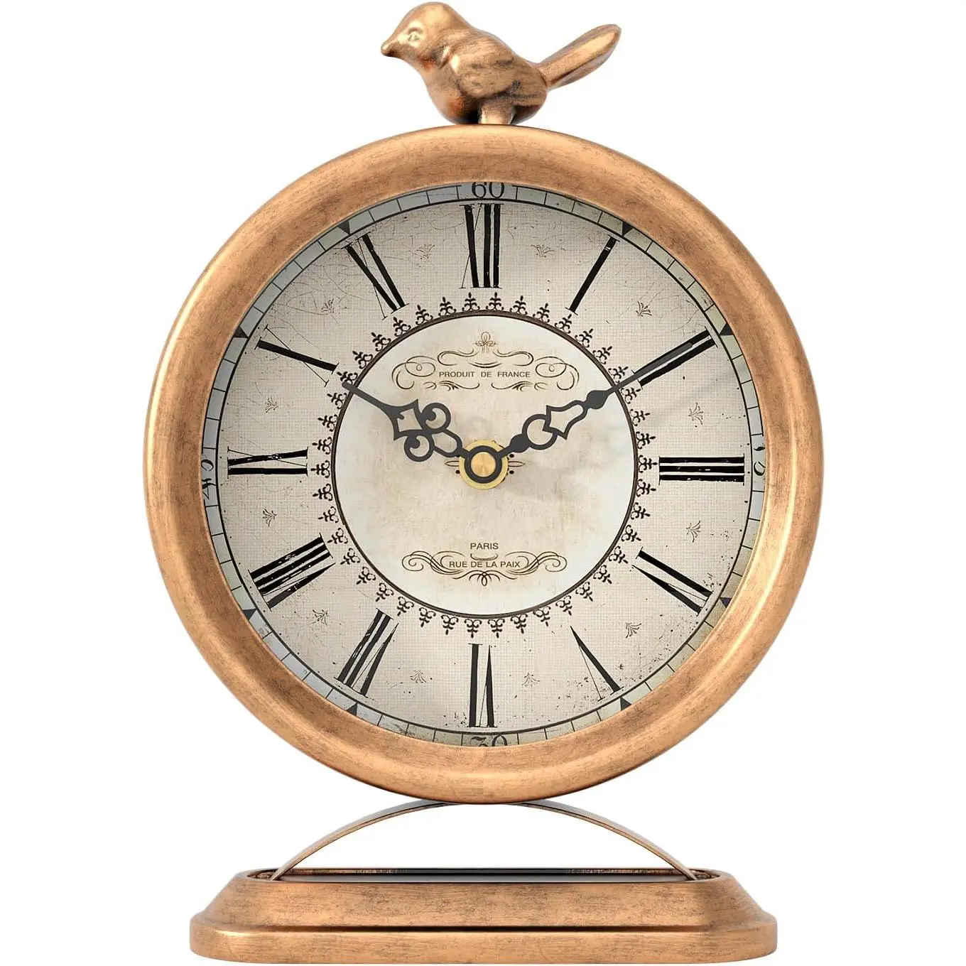 Vintage Table Clock with Bird, European Antique Style Gold Mantel Clocks, Desk and Shelf Decor Clock, for Farmhouse, Bedside, Living Room, Bedroom, Gift (9" H x 6.5" W)