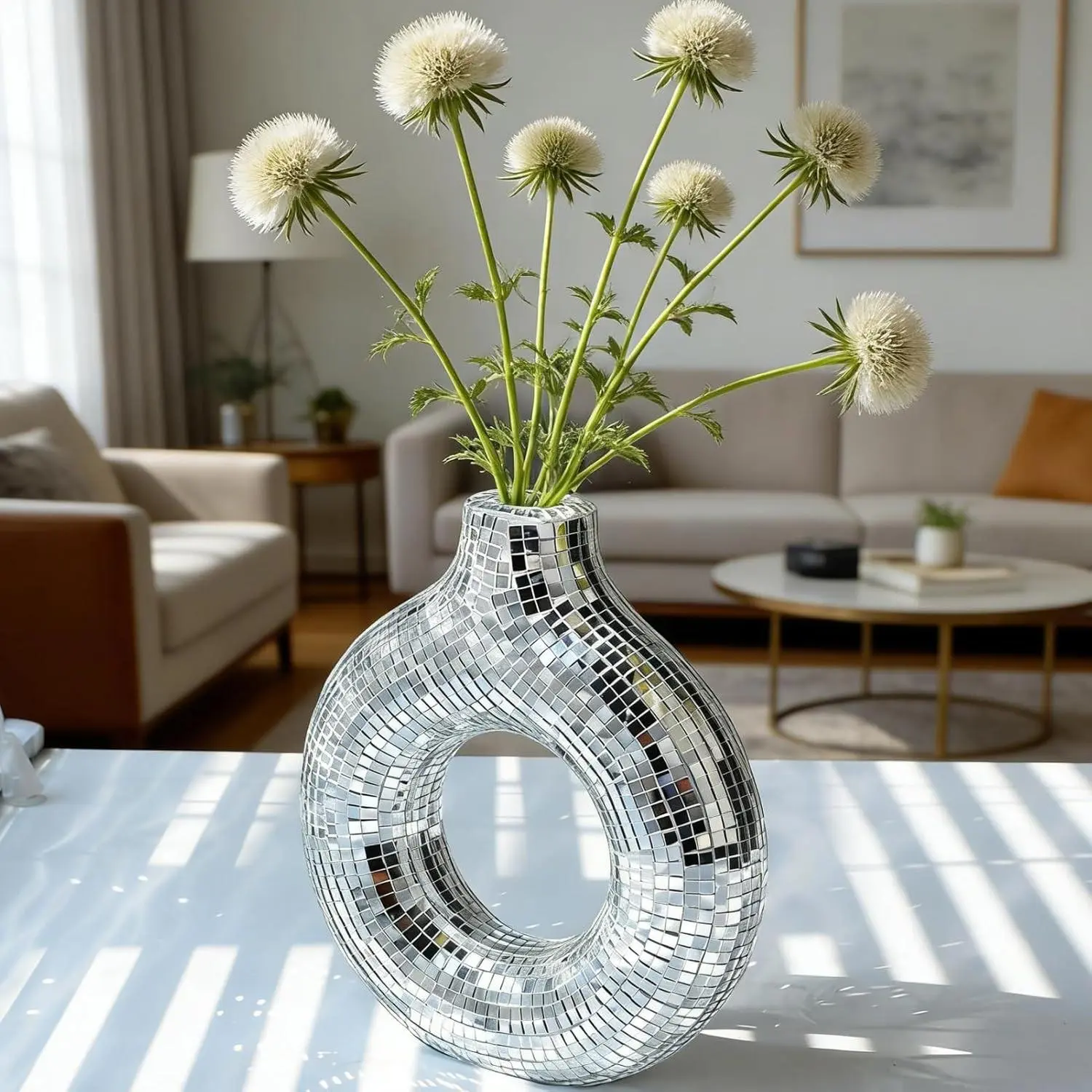Retro Plastic & Glass Silver Disco Donut Vase - 5.5" x 5.9" Hollow Mosaic Centerpiece with Handmade Silver Square Small Mirrors, Decor for Home Living Room, Gift for Wedding Birthday