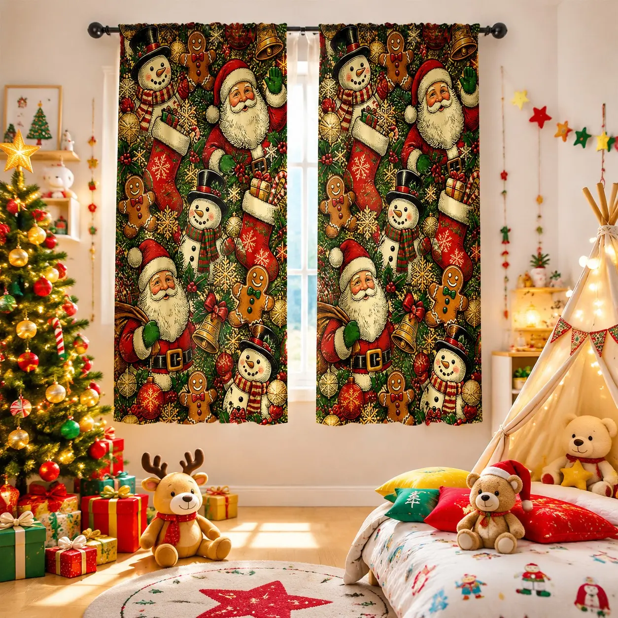 2-piece high-definition digital printed curtains, rod bag style, featuring American-style vintage Santa Claus, gingerbread man and candy cane patterns, fade-resistant, machine washable and hand washable, suitable for home decoration in living room and bed