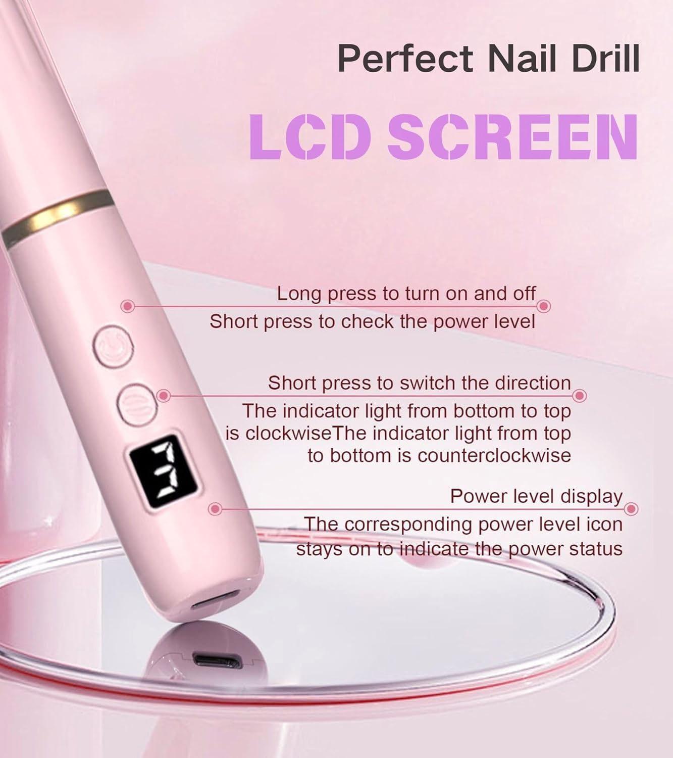 HengYuaoler Electric Nail Drill & File - Portable Nail Machine Kit for Acrylic Gel & Dip Powder Nails Manicure Pedicure Polishing Set with 12 Bits & Sanding Bands Matte Pink