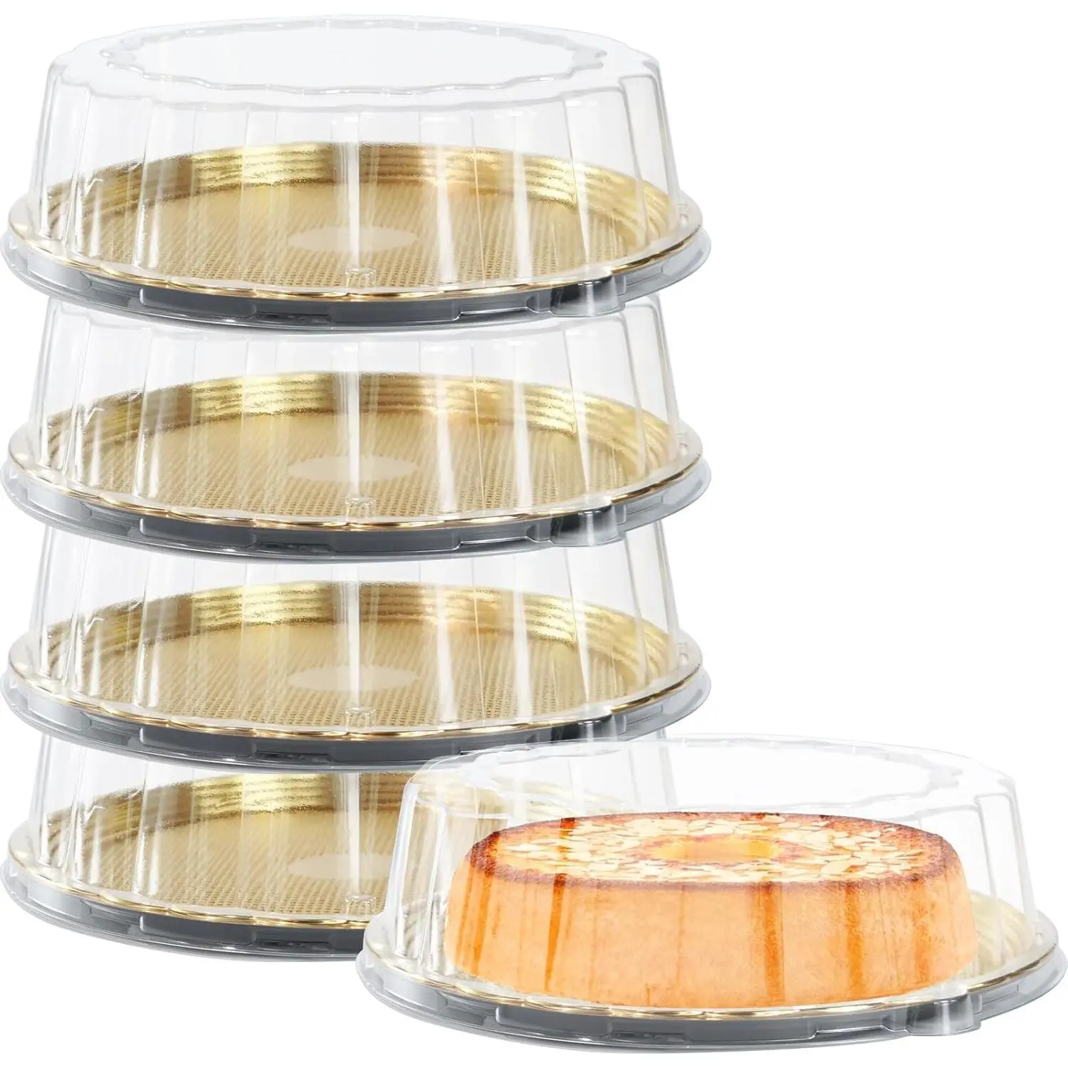 5pcs 11inch Round Clear +Gold Cake Carriers for Transport Plastic Disposable Cake Containers Carriers with Dome Lids and Cake Boards Clear Bundt Cake Boxes