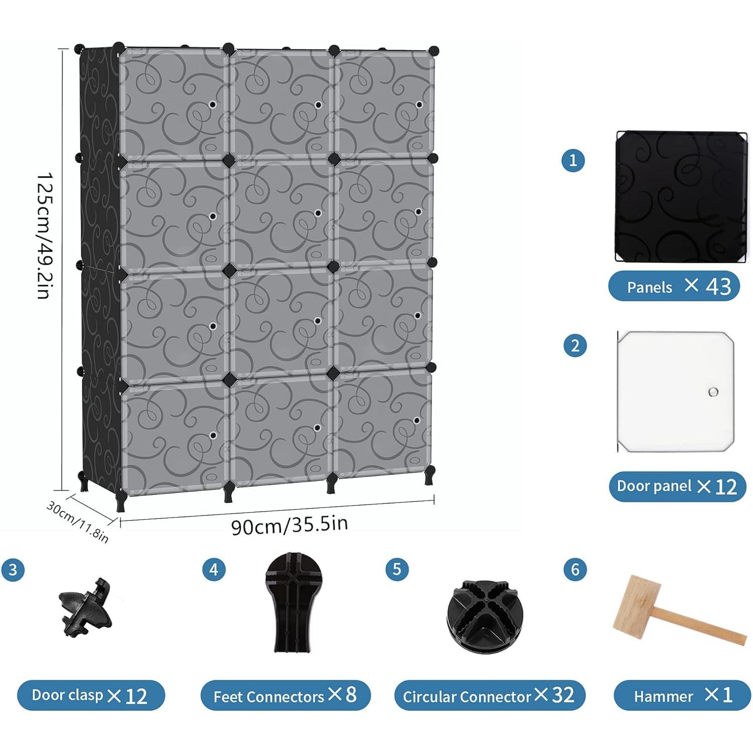 12 Cube Storage Organizer with Doors, DIY Plastic Closet Shelf, Modular Bookshelf, Stackable Shelving Rack for Bedroom, Living Room, Black ULPZ012 12 Cube Storage Organizer with Doors, DIY Plastic Closet Shelf, Modular Bookshelf, Stackable Shelving Rack for Bedroom, Living Room, Black ULPZ012