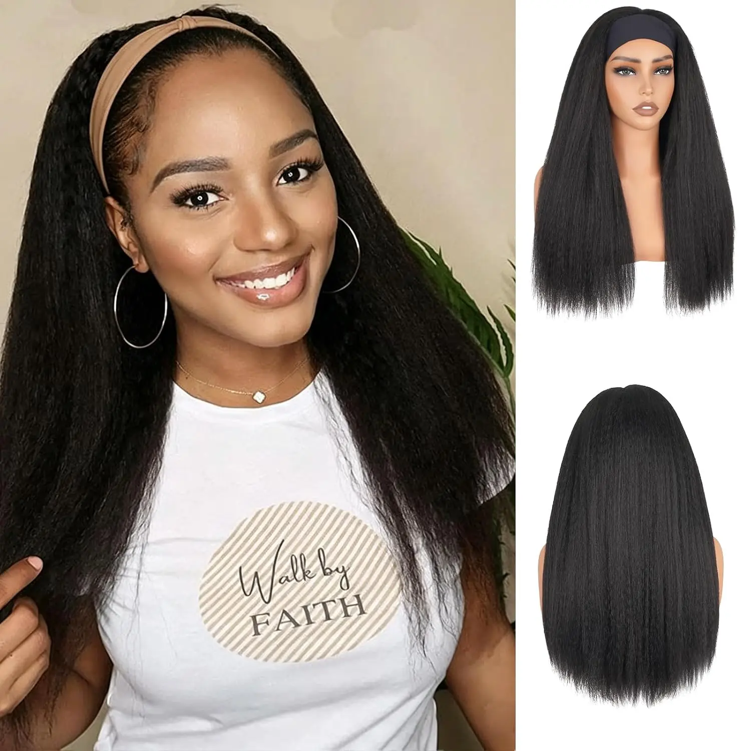 Kinky Straight Headband Wigs for Black Women, Yaki Straight Half Wigs Soft  Wigs Glueless & No Lace Front Synthetic Wigs with Black Headband Easy to Style for Daily Party Cospaly