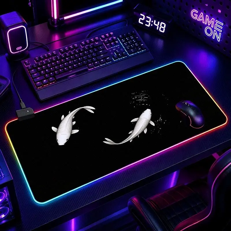 Koi Fish Ripple Ultra Large Gaming Desk Mat, RGB Mouse Pad, Thick Non-Slip, 14 Light Modes, Touch Keyboard, PC/laptop Compatible, RGB Mousepad