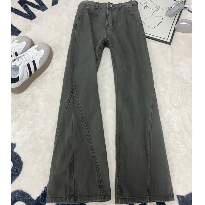 New Men's 100% Cotton Jeans - Menswear, Slim-Fit Side Slant Cut Micro-Flare Pants, Retro Distressed Plain All-Seasons Trousers, American High Street Casual Style for Leg-Lengthening Effect, Machine-Washable Workwear