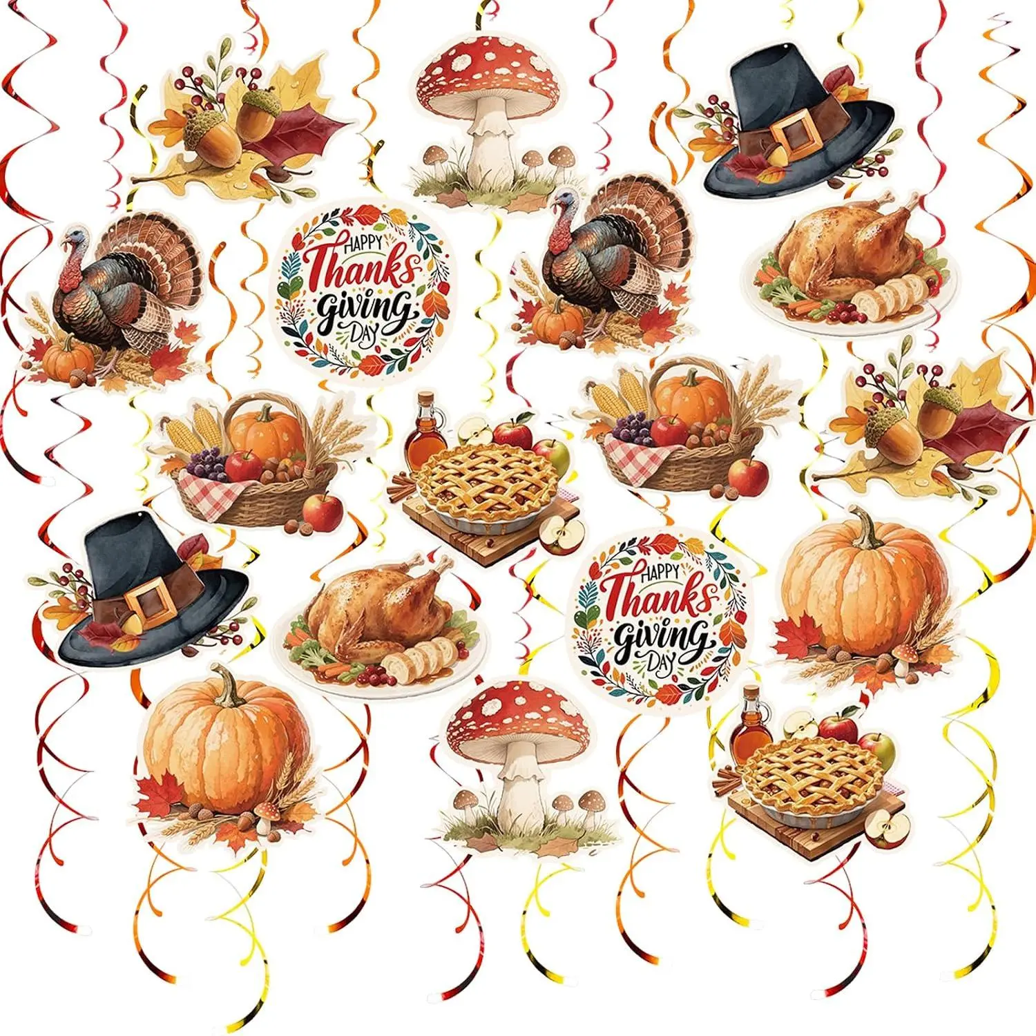 Thanksgiving  Swirl Set Party Decorations, 48 count, Autumn Theme Pumpkin Maple Leaf Turkey Party Supplies Sign,Orange Brown Red
