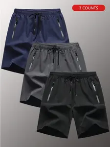 Teen Boys' 3-Piece Lightweight Breathable Casual Shorts, Elastic Waistband with Zip Pockets, Essential Summer Wear