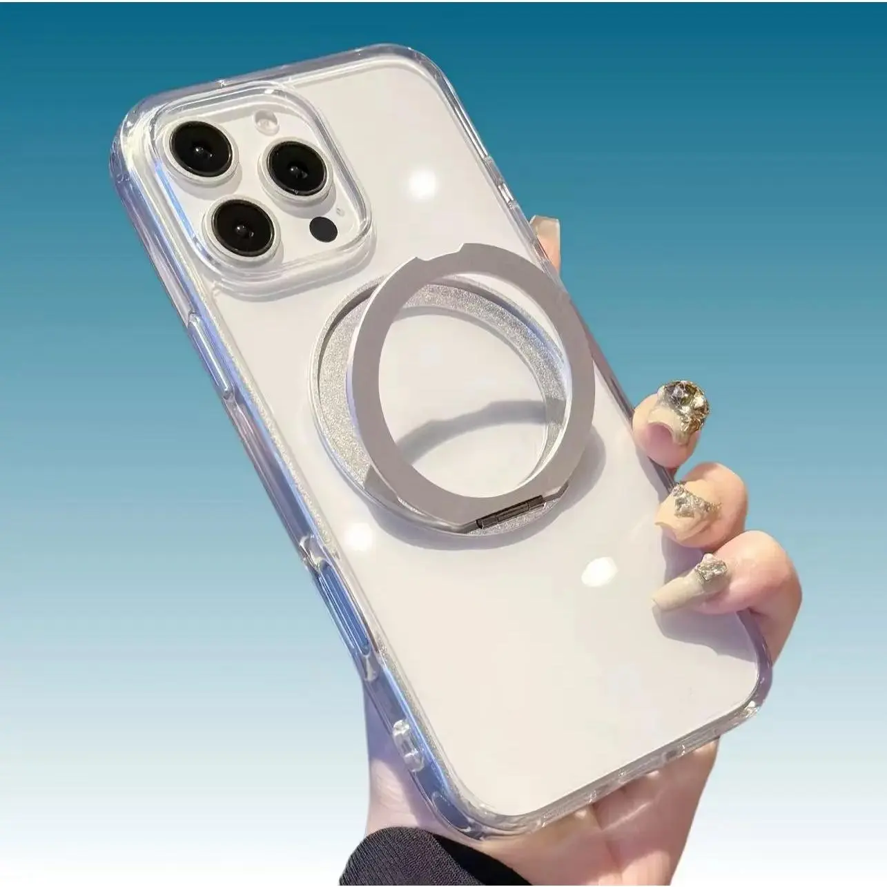 Magnetic 360° Rotational StandShockproof iPhone Clear Protective Case,Wireless,MagSafe Charging Compatible withiPhone 16/15/14/13Pro Max,Transparent bracket mobile phone case,magnetic ring holder iphone case,anti-yellow clear iphone case