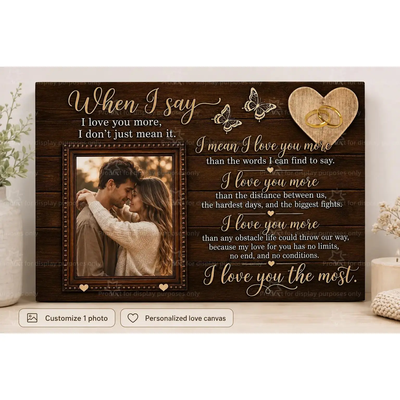 Custom Dark Wood Butterfly Wedding Ring Single Photo Canvas Wall Decor Poster, I Love You More Romantic Quote Personalized Couple Picture Print, Wall Art for Bedroom Living Room Farmhouse, Decor Poster Print, Available as Unframed Canvas Poster or Framed
