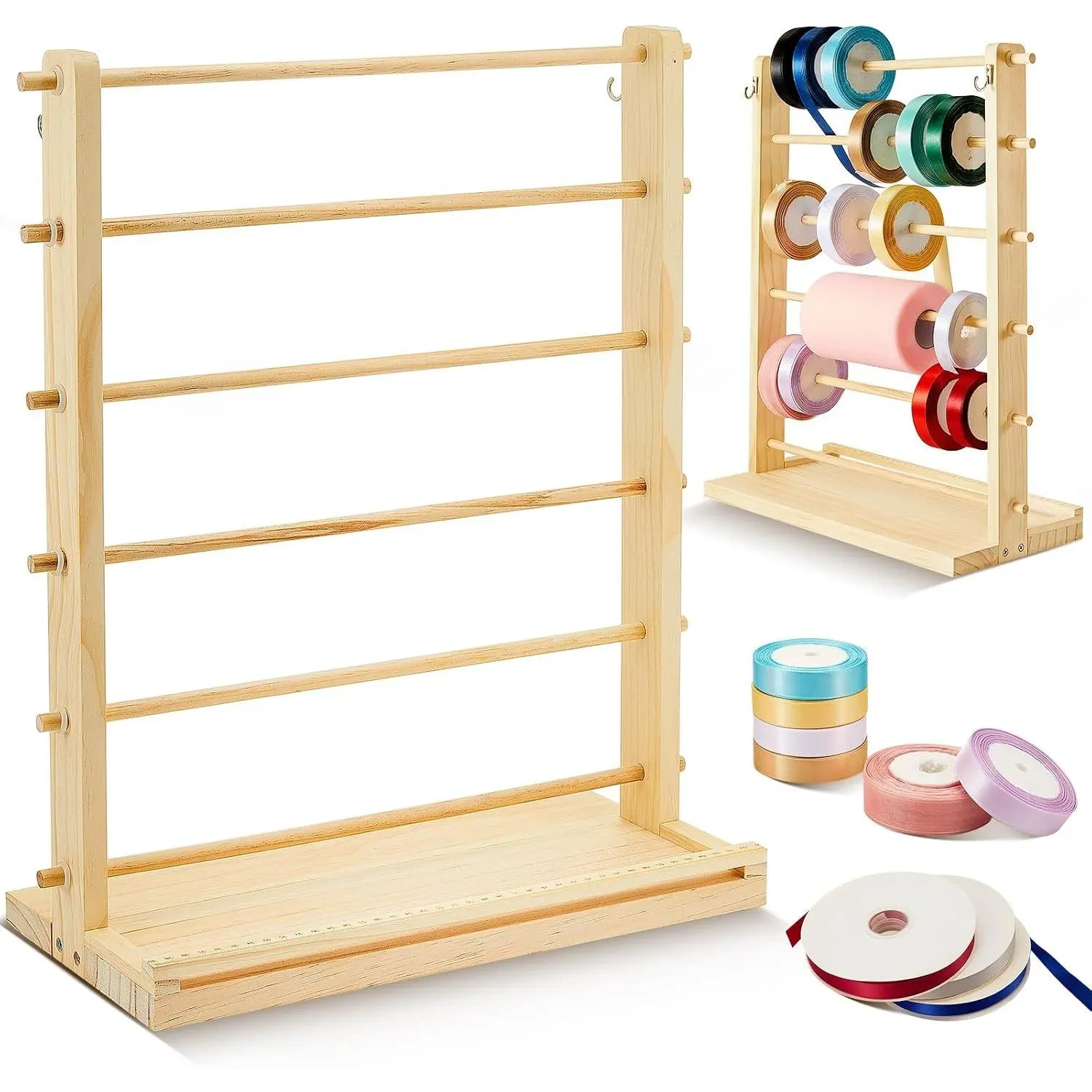 6 Tier Wooden Ribbon Organizer Ribbon Holder for Craft Room Storage Florist Spool Rack Wreath Making Supplies Gift Wrapping Organizer for Sewing Stabilizer Rolls Mothers Day Gift Spring Wedding