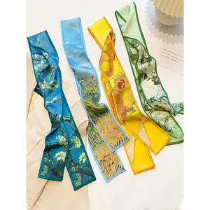 4 Pcs / 1 Set Oil Art Elegant French Style Artistic Design Printed Polyester Scarf Set, Oil Painting Striped Design, Vintage Headband, Woven Ribbon, Multifunctional Accessory for Women & Girls