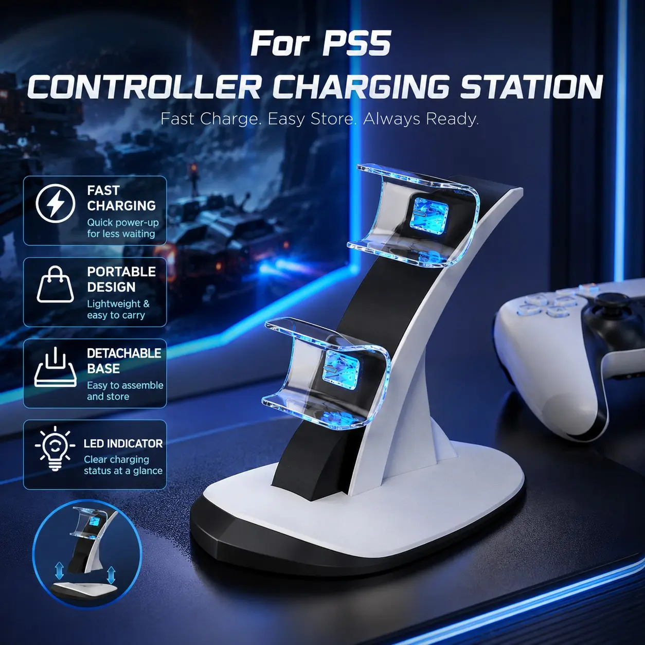 Ps5 Controller Charging with LED Indicator, Type-C Interface, Dual Handheld Charger, Compatible with Ps5 Controllers
