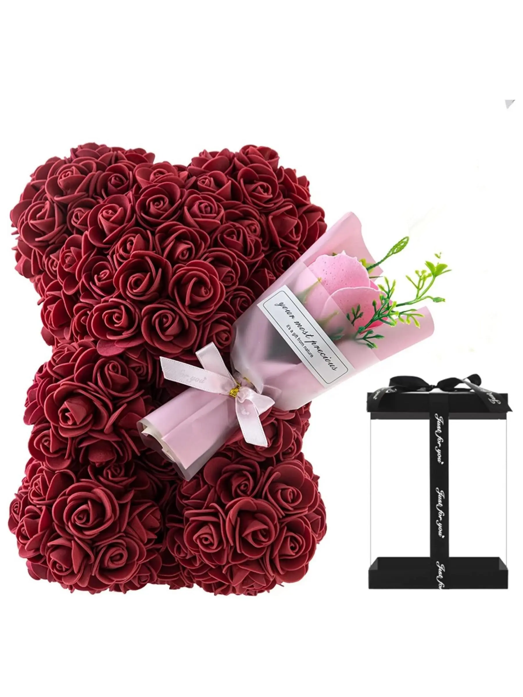 Romantic Soap Flower Teddy Bear Set Gift Box, Preserved Rose Teddy Bear, Women's Birthday Surprise Gift, Cute Ditsy Floral Pattern, Gift Package