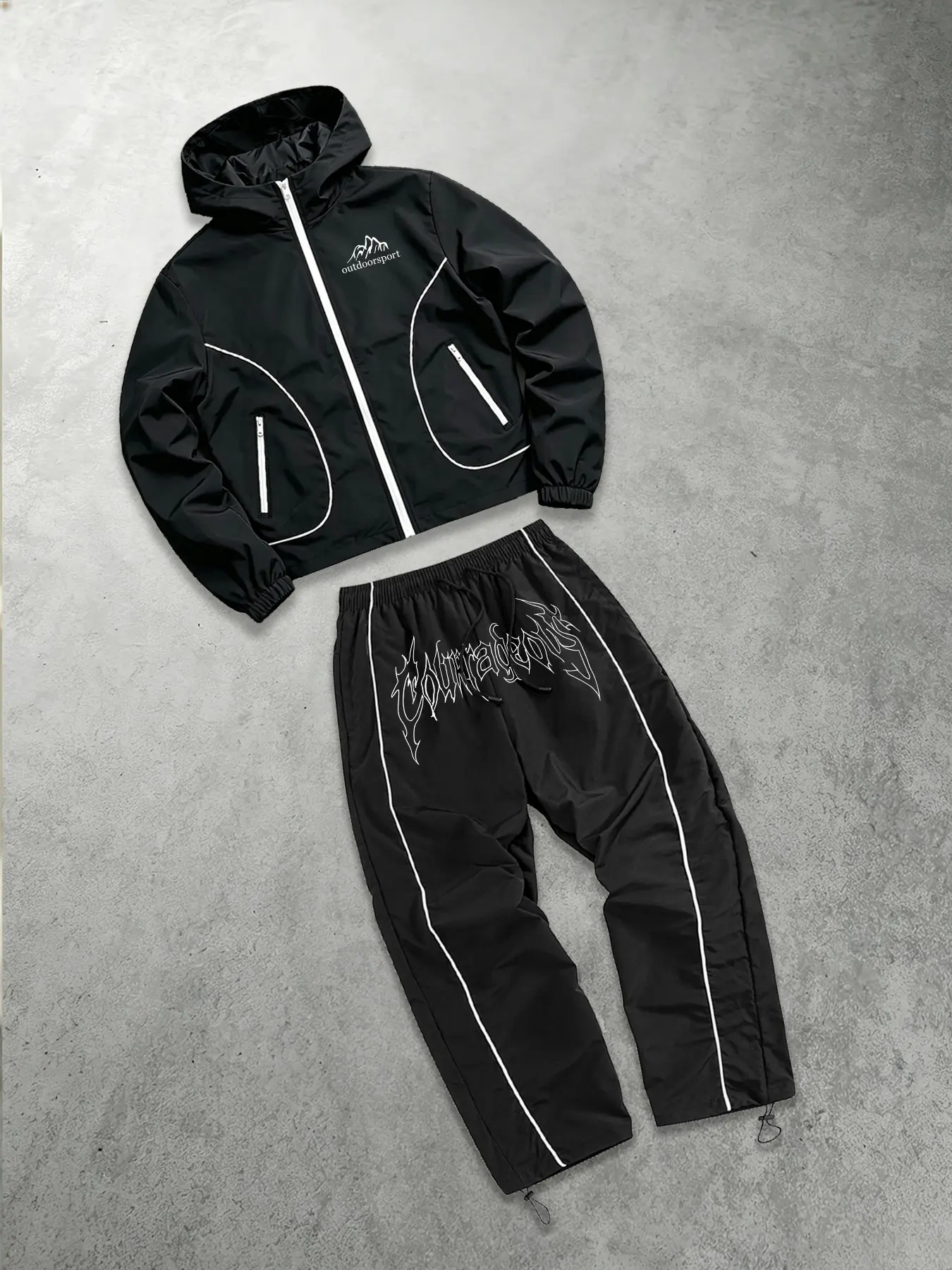 Men's Casual Sportswear Set, Hooded Zipper Jacket, Lightweight Windproof Fabric, Loose Straight Pants, Fitness Streetwear