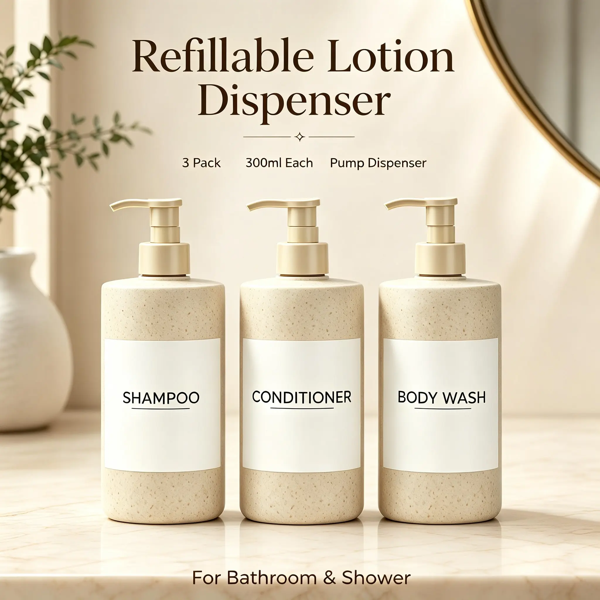 3Pcs 300ml Reusable Refillable Leak-Proof Eco-Friendly Bottles | Shampoo, Conditioner & Shower Gel Containers for Bathroom, Travel, Kitchen & Dorms