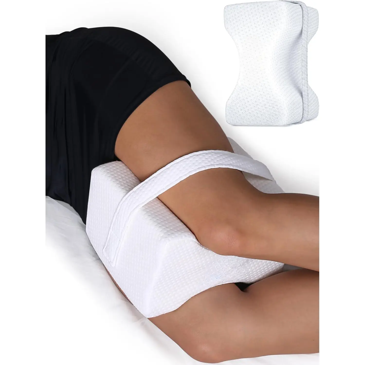 Everlasting Comfort Memory Foam Knee Pillow Suitable for Side Sleepers - Sciatica Pillow Adjustable Strap - Used for Alignment, Knee, Back, And Hip Cushion
