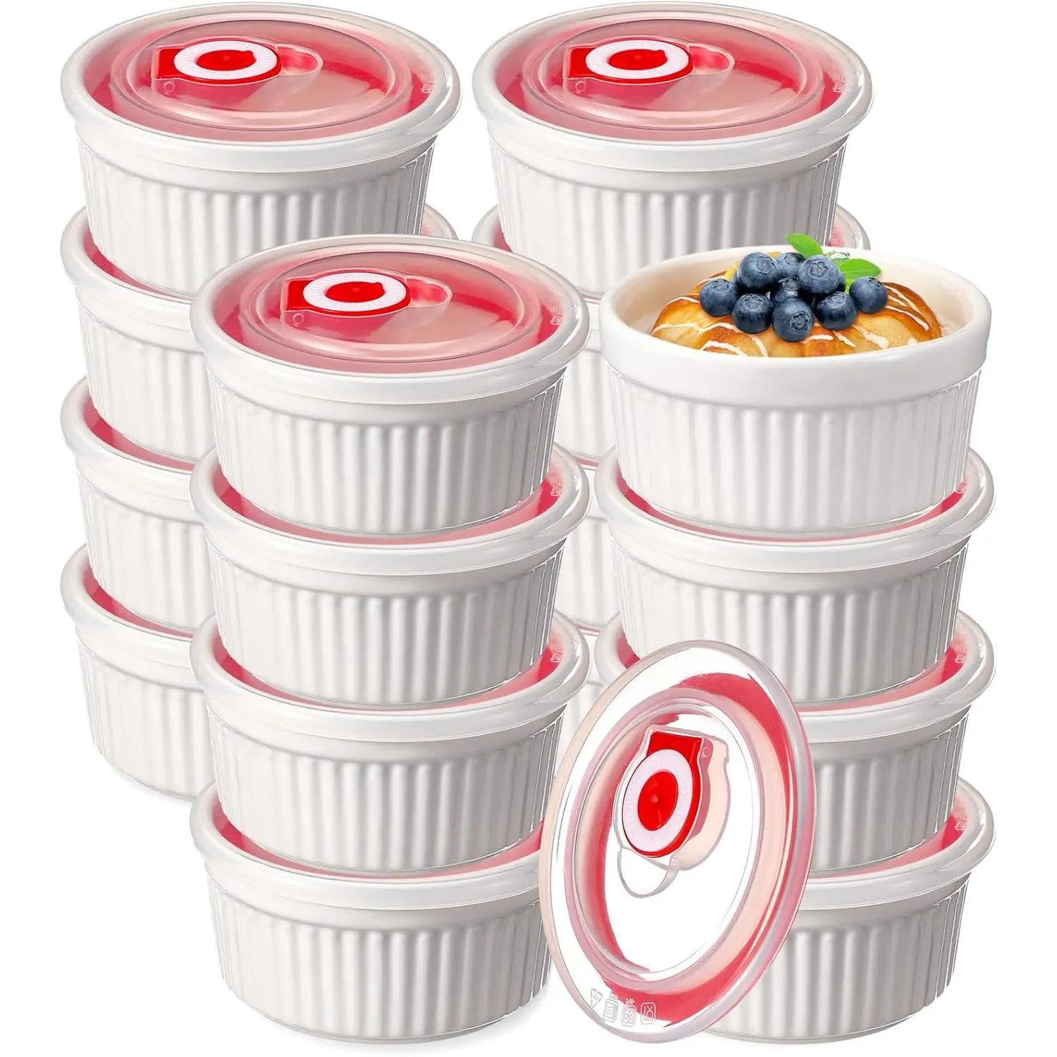 12 Pack 8 oz White Porcelain Ramekins with Lids Oven Safe Stackable Ceramic Bowls for Baking Creme Brulee Pudding Custard Ice Cream Dip Dishwasher Safe Serving Cups