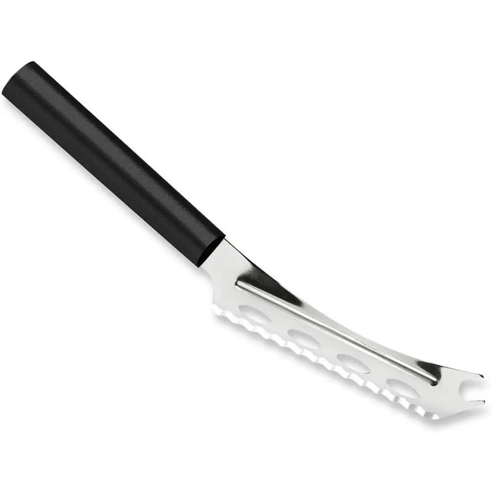 Cutlery Cheese Knife (W239), Black Handle | 5.25" Stainless Steel Serrated Blade with Ridged Cutouts and Forked End, Black Resin Handle