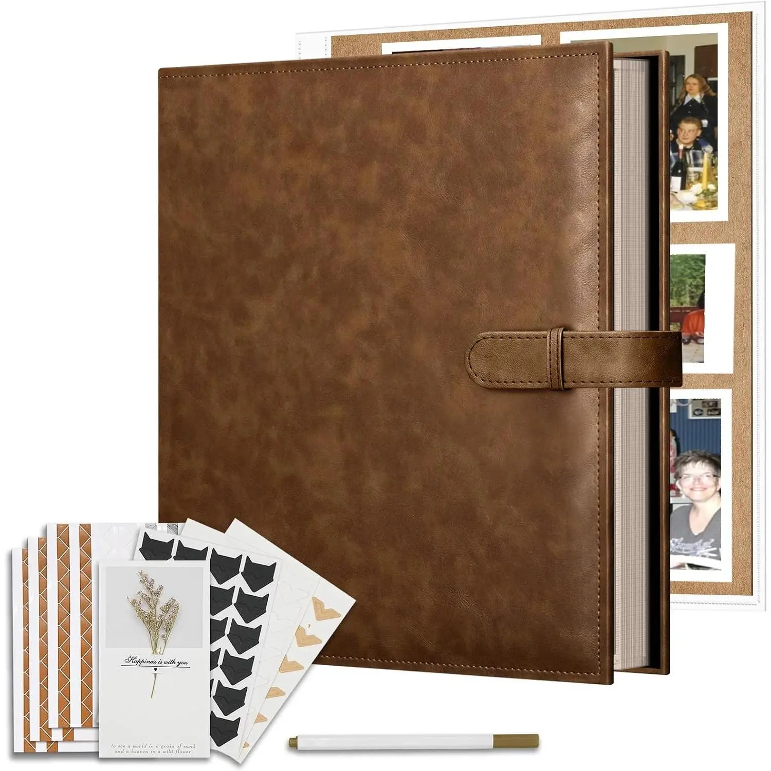 13x11 Inch 3 Ring DIY Scrapbook Album Gift Set, Faux Leather Cover Blank Scrapbooks Photobook with 30 Plastic Sleeves 60 Kraft Pages for Valentine Gift Wedding Family Anniversary DarkBrown