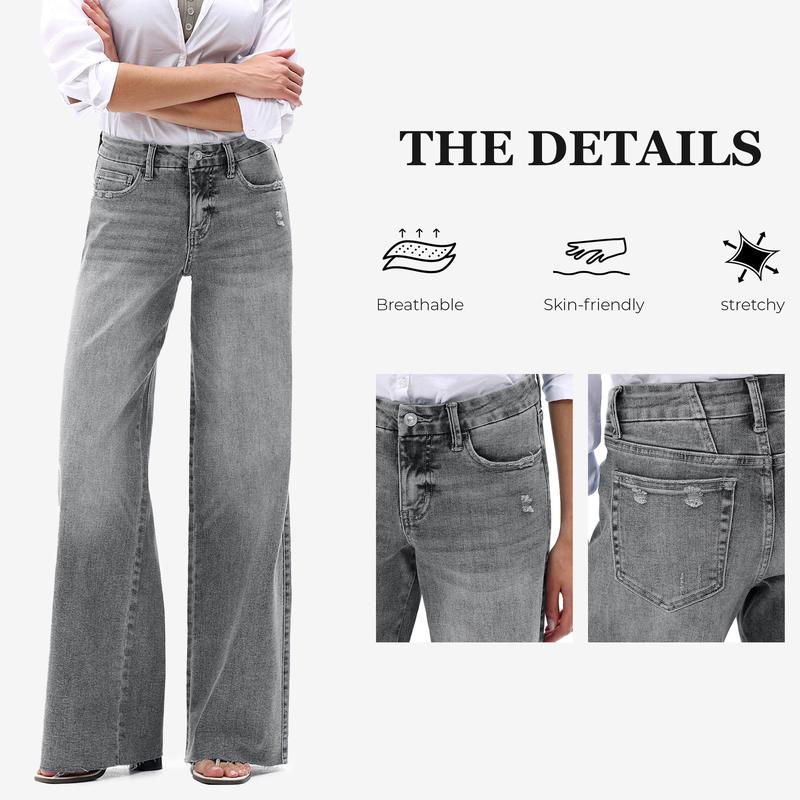 ONESO Mid-Waisted High Stretchy BBL Wide Leg Baggy All Season Jeans Tummy Control Outdoor Indoor Distressed Denim Pants Woman Soft Bottom Comfortable Denim Jeans Plus Size Regular Size