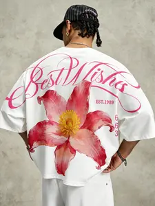 White Crew Neck Floral Printed Casual Tee For Men Full Back Watercolor Lily & Pink Cursive Letter Graphic EST.1989 Numerical Side Print Vintage Soft Grunge Clean Fit Streetwear Lightweight Cool Airflow Stretch Comfort Short Sleeve Top For Campus Daily Ret