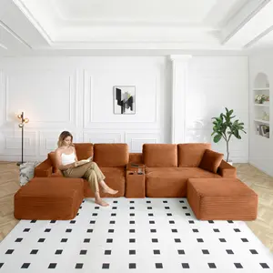 Aobtkel®125'' Sectional Sofa With Two Ottomans, Cloud Couch with Deep Seat,L-Shape Sofa with Cup Holders and USB Ports ,Upholstered Corduroy Couches for Living Room,Orange
