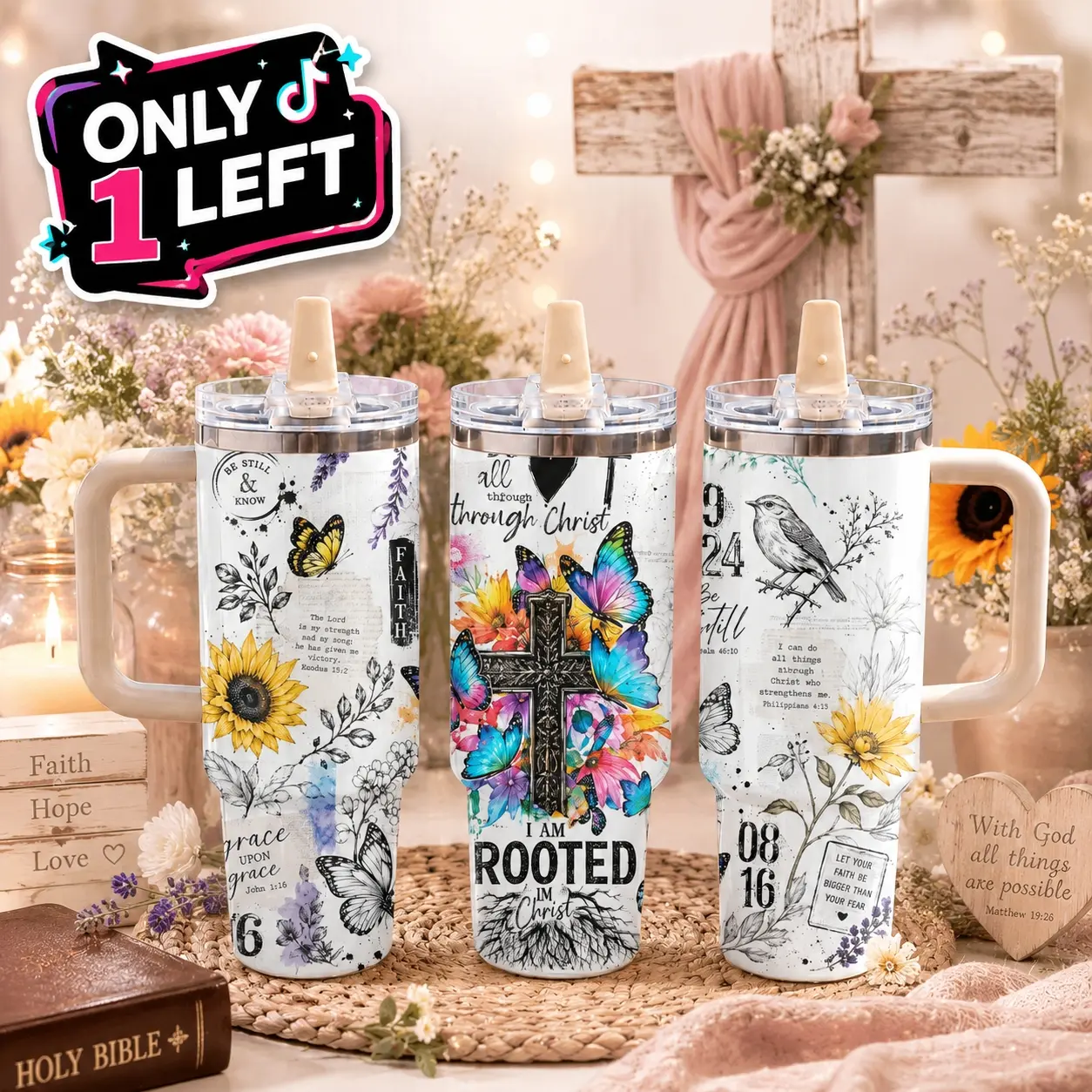 Christian Faith 40oz Tumbler with Handle and Straw Lid, Inspirational Cross Prayer Design Stainless Steel Insulated Travel Mug, Bible Verse Floral Aesthetic Leakproof Vacuum Water Bottle, Religious Gift for Women, Car, Office & Gym