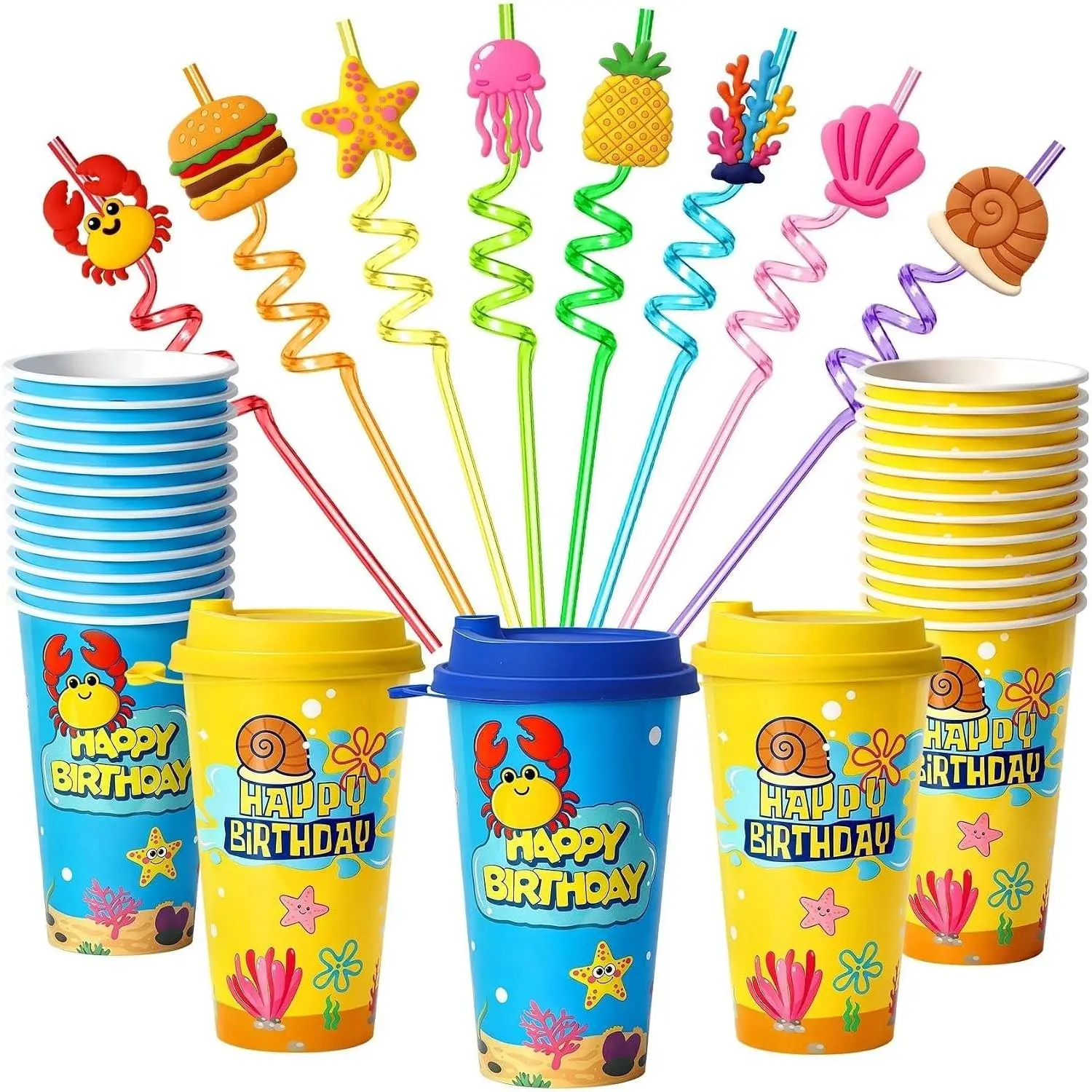 24 Sponge Party Favors Cups with Lids and Straws for Birthday Decorations | School Supplies Goodie Bags Stuffers Pinata for Kids