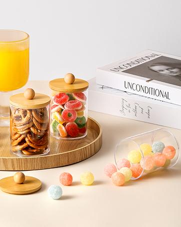 4 Pack Qtip Holder Dispenser with Bamboo Lids - 10 oz Clear Plastic Apothecary Jar Containers for Vanity Makeup Organizer Storage - Bathroom Accessories Set for Cotton Swab, Ball, Pads, Floss