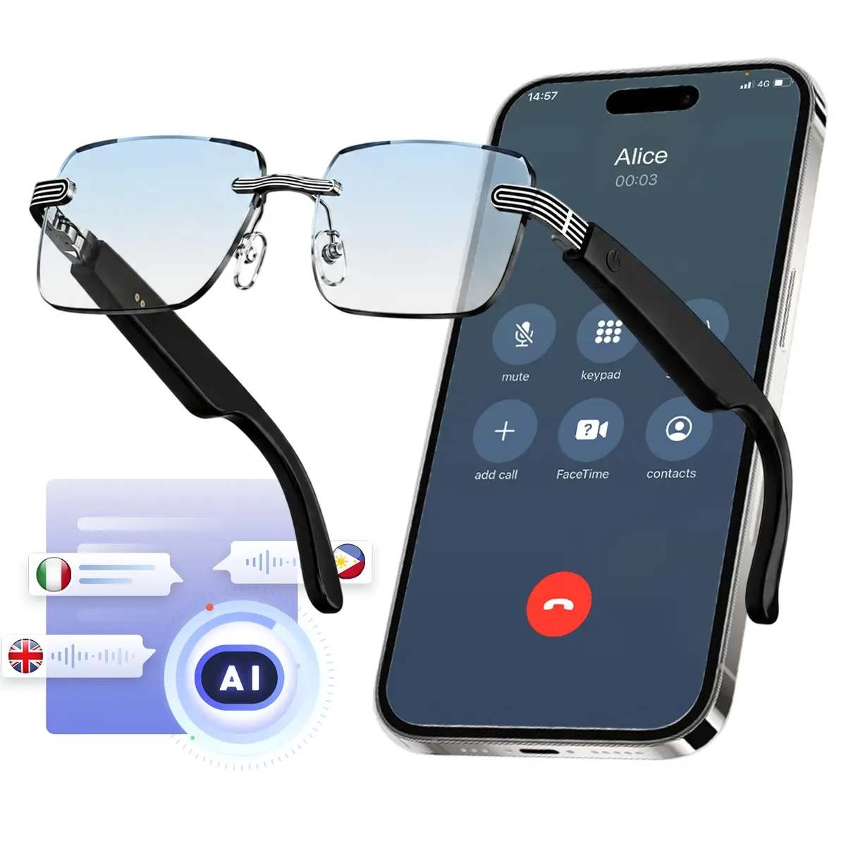 AI Smart Glasses with Real-Time Translation, Wireless Bluetooth Glasses with Magnetic Charging & 4-6H Playtime, Hands-Free Calls & Music Playback, Ideal for Travel Work Daily Use