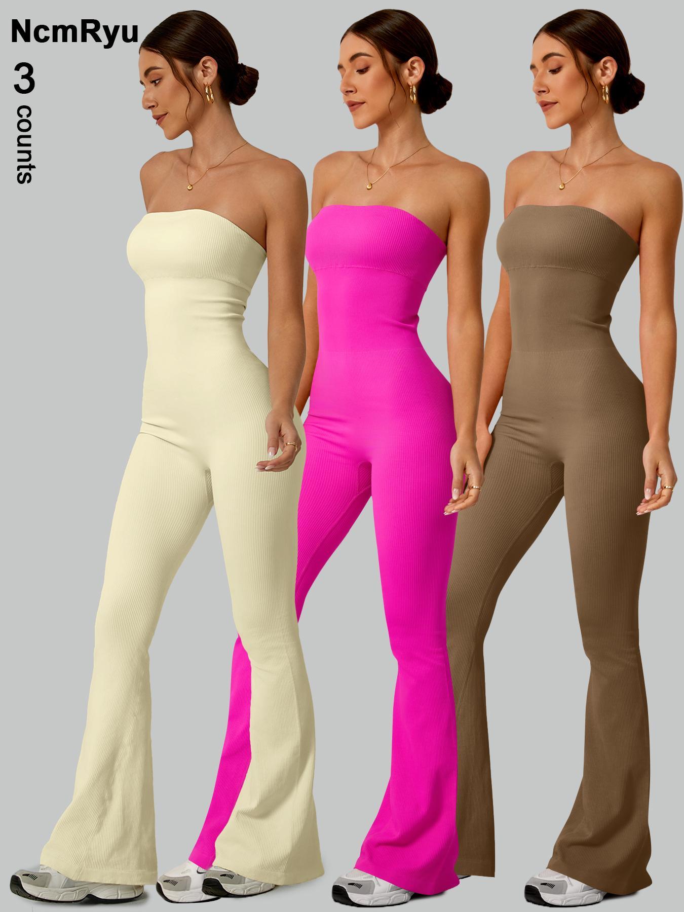 Women's Sexy Yoga Ribbed One Piece Tube Jumpsuit Rompers Flared Trousers Tights Push-up Sports Bodysuit Women Fitness Suit Workout Sportswear Gym Sportswear Jumpsuits