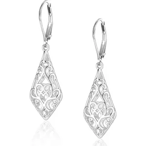 Sterling Silver Dangle Earrings for Women, Gold Plated Filigree Dangling Leverback Earrings, Geometric Hypoallergenic Lightweight Dangly Drop Earings for Women Trendy Jewelry Gifts