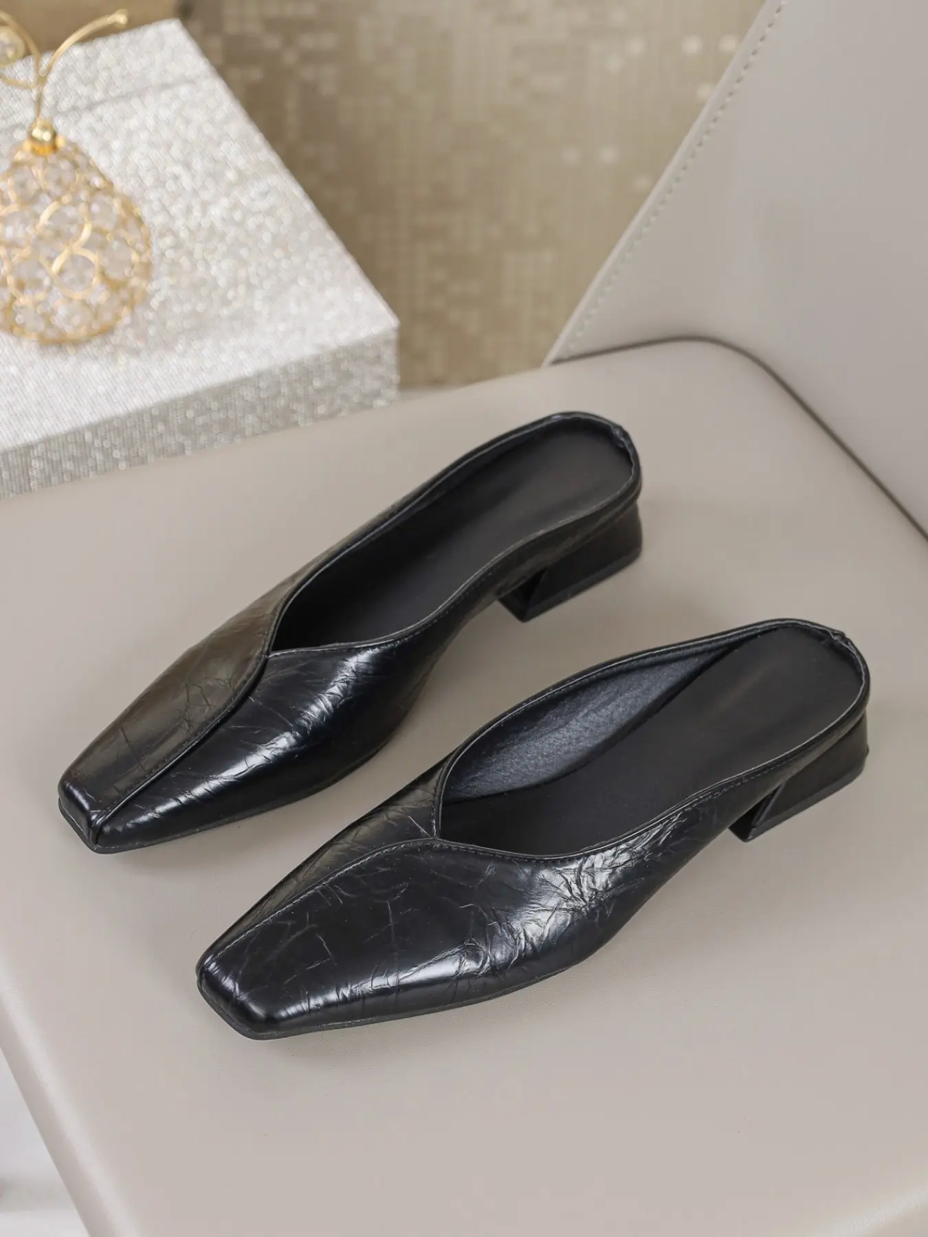 Women Minimal Full Wrinkle Shiny PU Single Band Slip On Mules Square Toe Slides Lightweight Breathable Shock Absorb Low Block Heel Summer Office Travel Street Shoes, 2 Colors Shiny Black Metallic Gun Gray