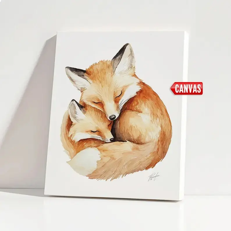 Mom & Baby Fox Wall Art PRINT Nursery Decor, Sleeping Fox Painting Canvas Cute Animal Family Watercolor Woodland Kids Room Girl Boy Gift