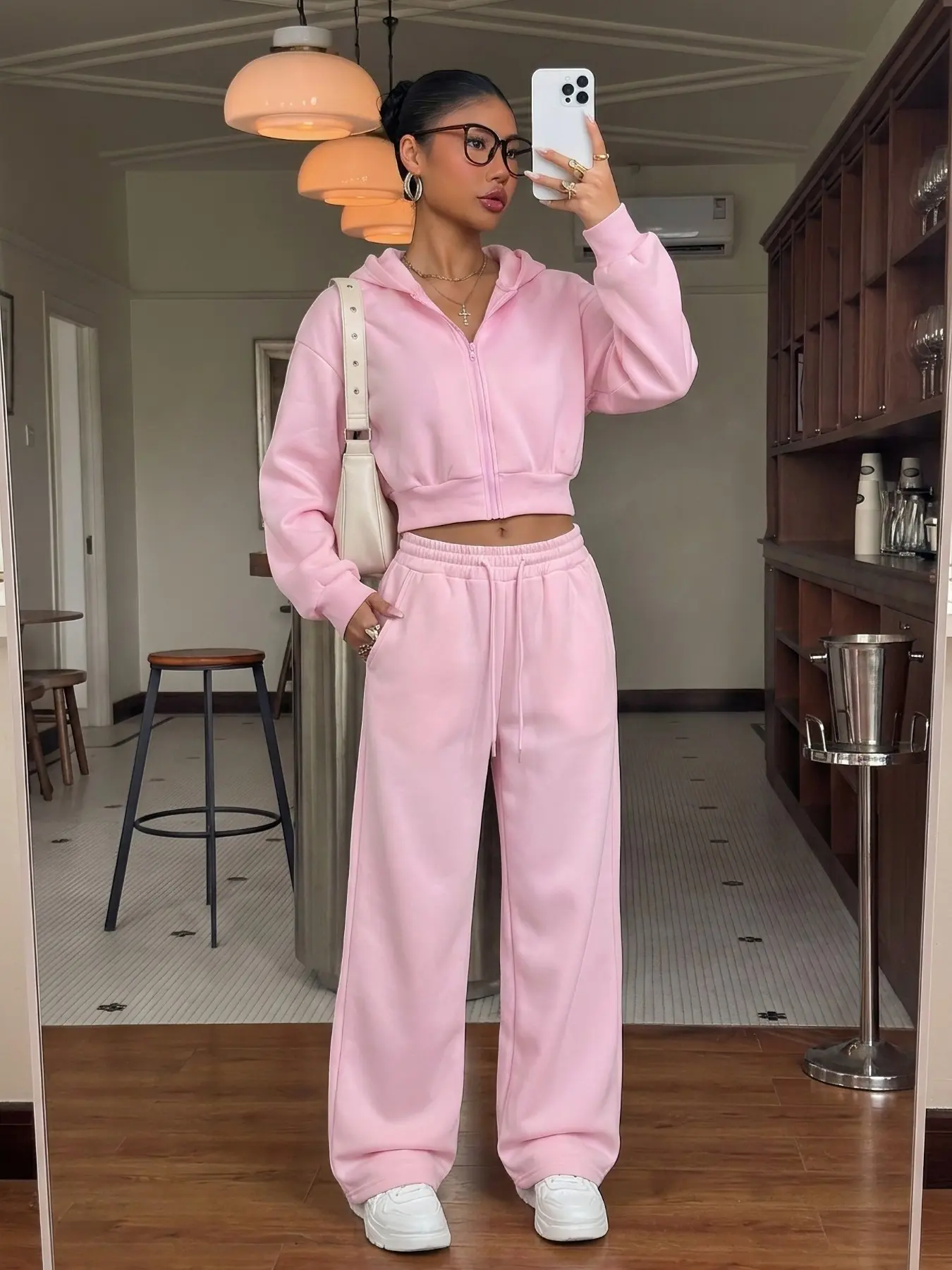 Women Pink Cropped Zip Up Hoodie Sweatshirt Tracksuit Set, Long Sleeve Hooded Jacket & Drawstring Wide Leg Sweatpants, Y2K Casual Two Piece Outfit