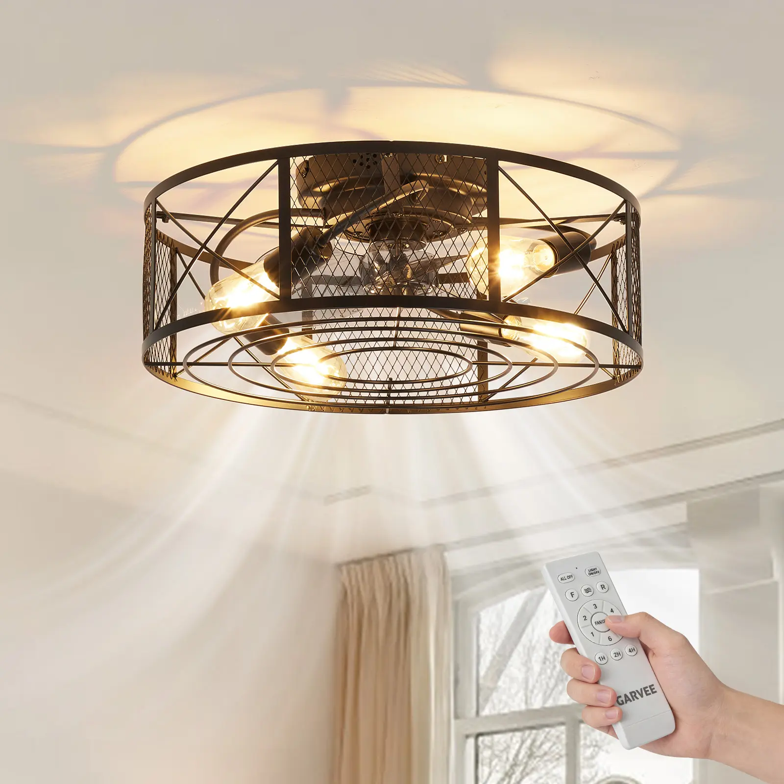 Bladeless Ceiling Fan 20 Inch with Integrated Light 6 Speed Reversible Low Profile Remote Control Timer Farmhouse Style Suitable for Bedroom Kitchen Dining Room