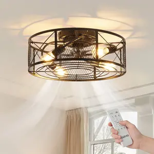 Bladeless Ceiling Fan 20 Inch with Integrated Light 6 Speed Reversible Low Profile Remote Control Timer Farmhouse Style Suitable for Bedroom Kitchen Dining Room