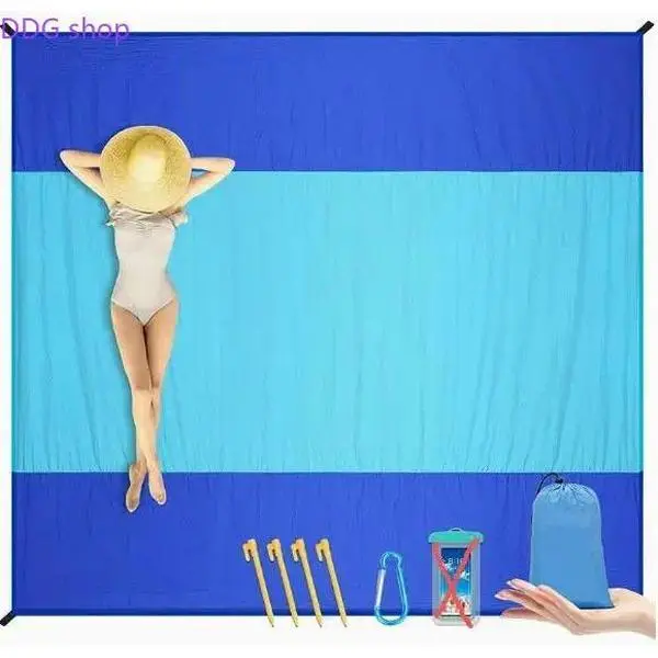 Blue Gradient Stripe Large Beach Picnic Blanket, Waterproof Foldable Outdoor Camping Mat, Sandproof Portable Ground Mat for Beach Party, Picnic & Travel Camping