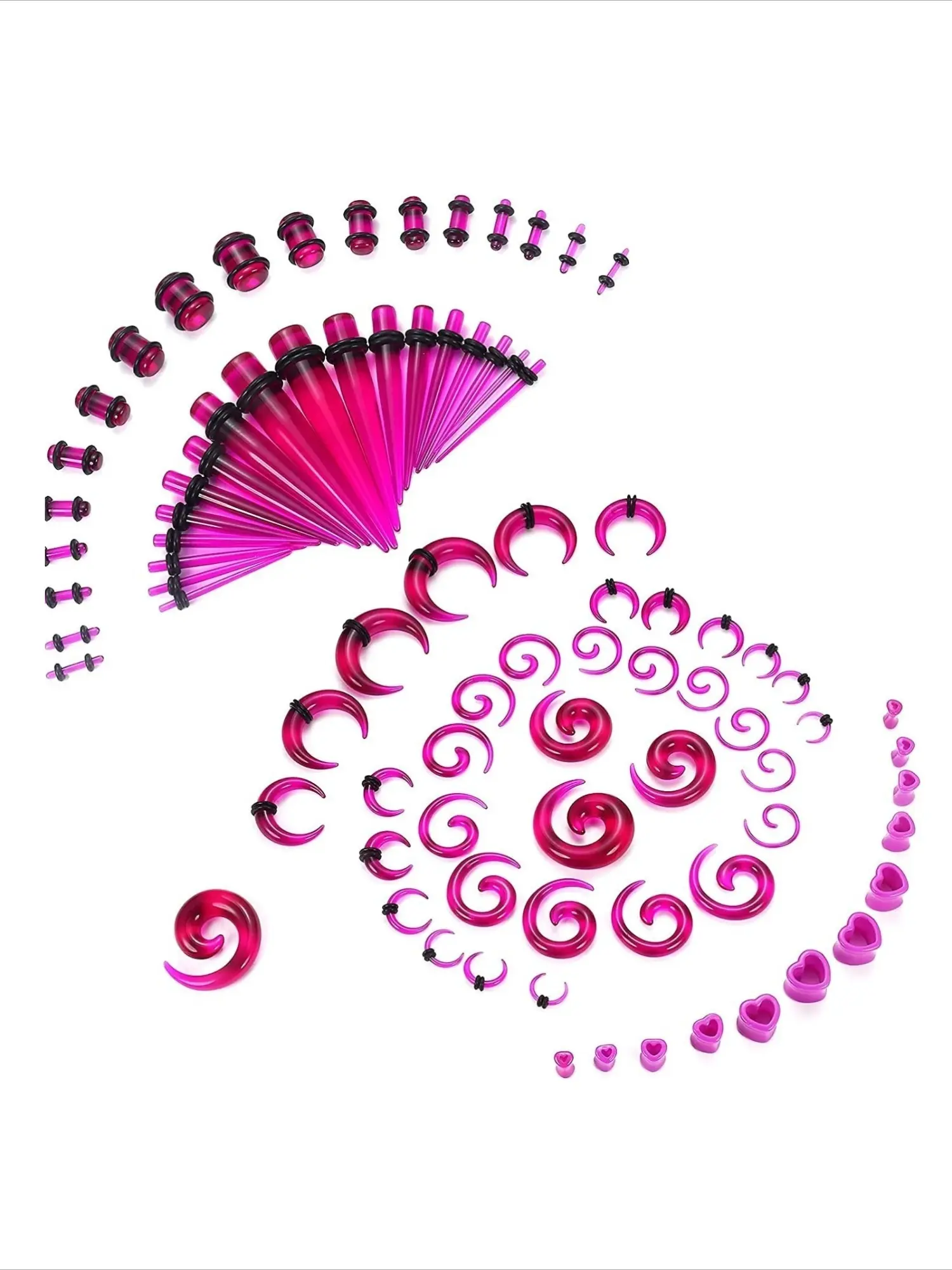 84 Pcs Vivid Magenta Clear Acrylic Ear Gauges Stretching Kit All-in-One Ear Lobe Expanders Piercing Accessories for Women Men Versatile Full Set Progressive Stretch Tapers Double Flared Ear Tunnel Plugs Snail Spiral Twist Gauges Gothic Punk Piercings