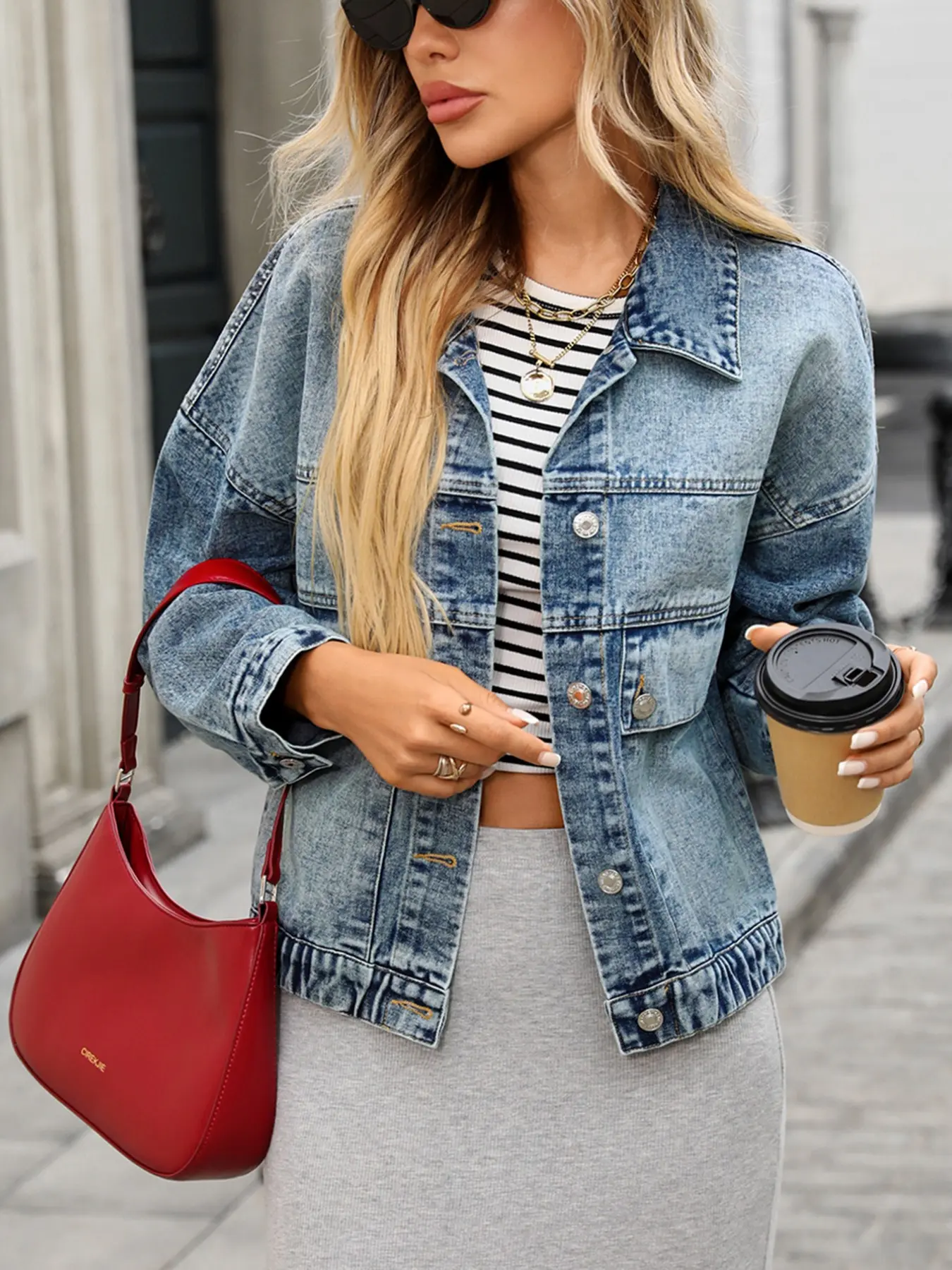 Women's Acid Wash Vintage Loose Fit Jeans Jacket, Long Sleeve Notched Lapel Single Button Denim Coat, Casual Chic Streetwear Outerwear