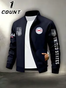 American Style Letter Print Baseball Jacket, Zipper Casual Outerwear, Men's Patriotic Daily Commute Flight Suit Top, Comfortable and Stylish