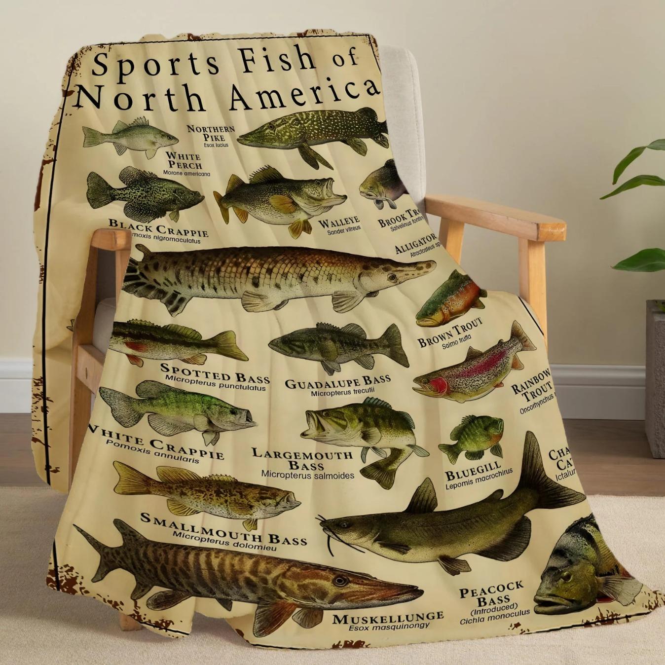 Sport Fish Print Flannel Throw Blanket Super Soft Cozy Fishing Blanket Warm Plush Nap Blanket for Bed Sofa Office Travel Machine Washable Home Gift