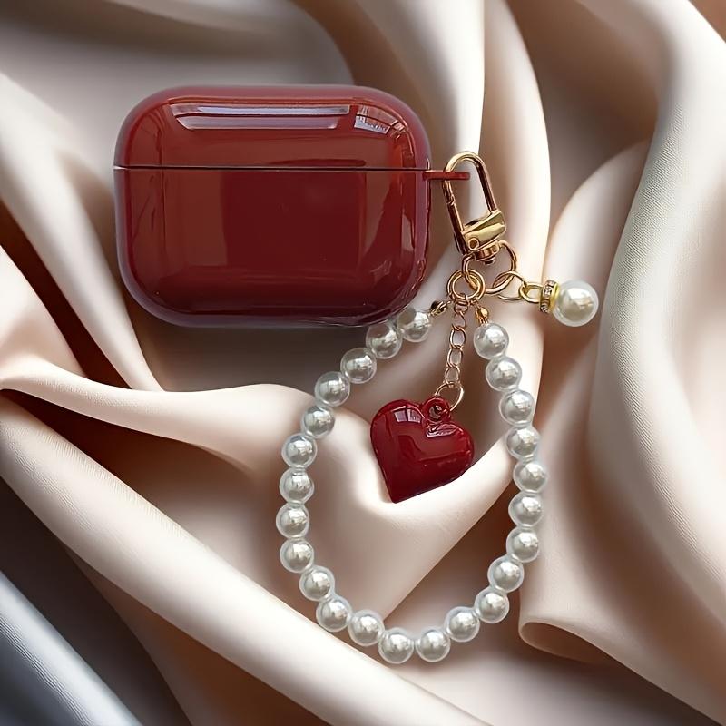 Wine Red Pearl Heart Pendant Case for AirPods Wireless Earbuds - Scratch-Resistant and Shockproof Protective Cover