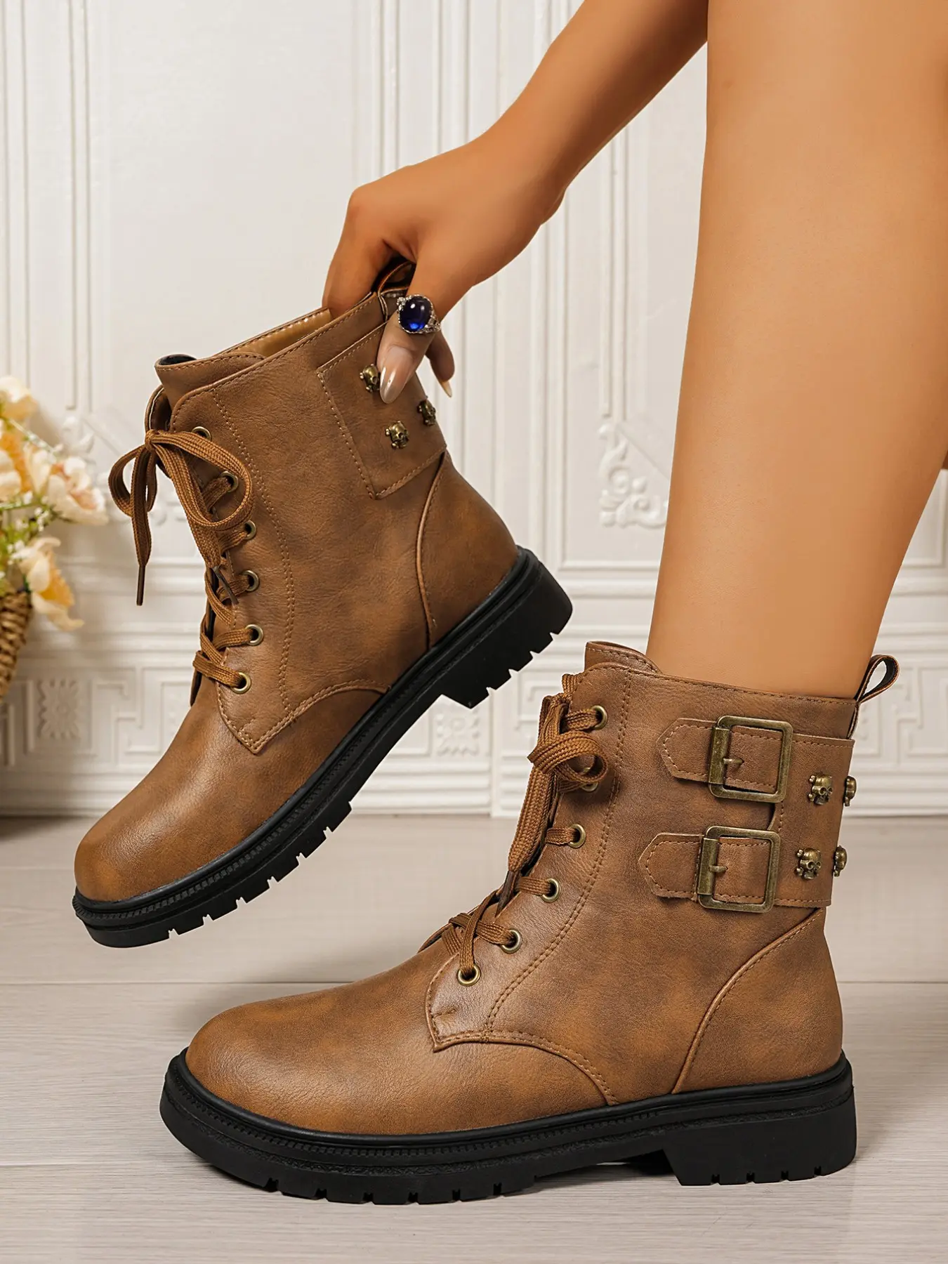 Women's Lace-Up Boots, Fall Winter New High Heel Short Boots, Thick Sole Rubber Shoes, Plain Pattern, Large Size
